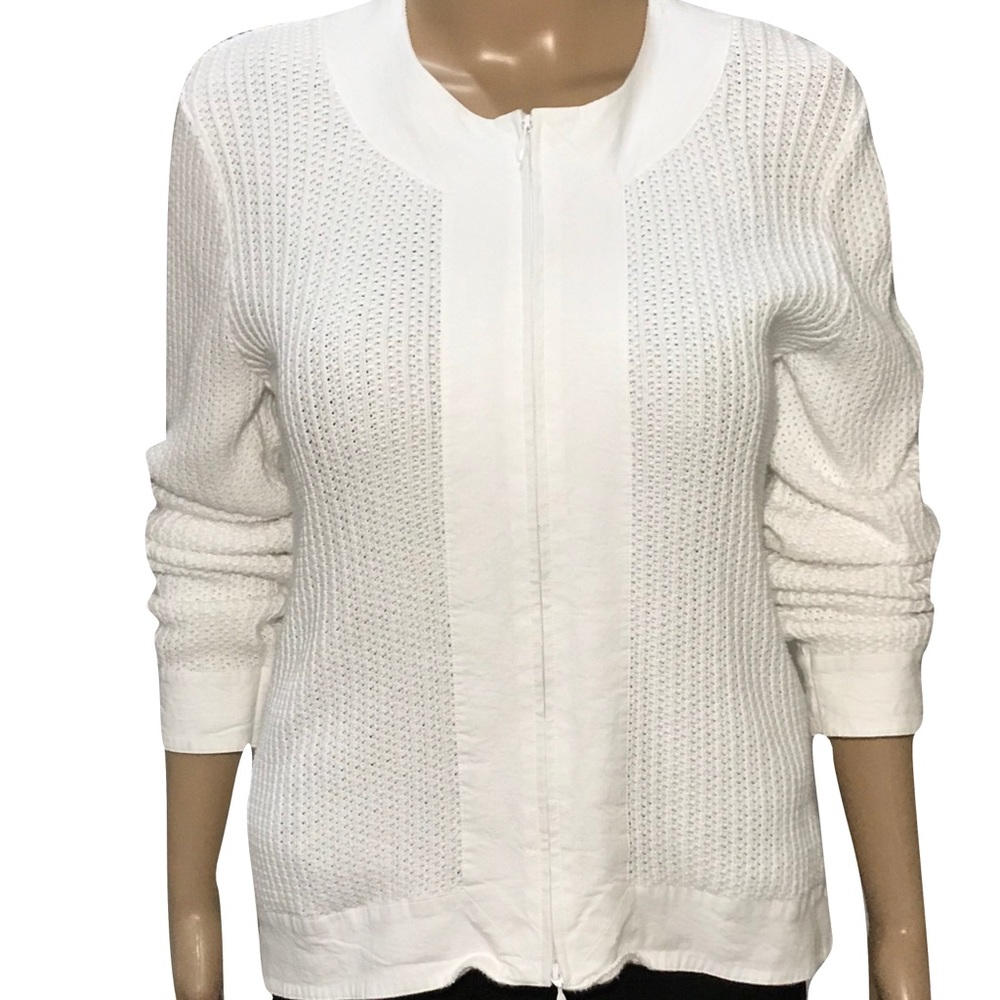 White Zip Up Talbots Cotton Knit Sweater Jacket Size M